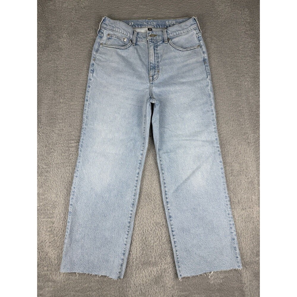 J.Crew 96 Slim Wide Jeans Women 27x26 Blue Light Wash High Rise Cut Raw Hem